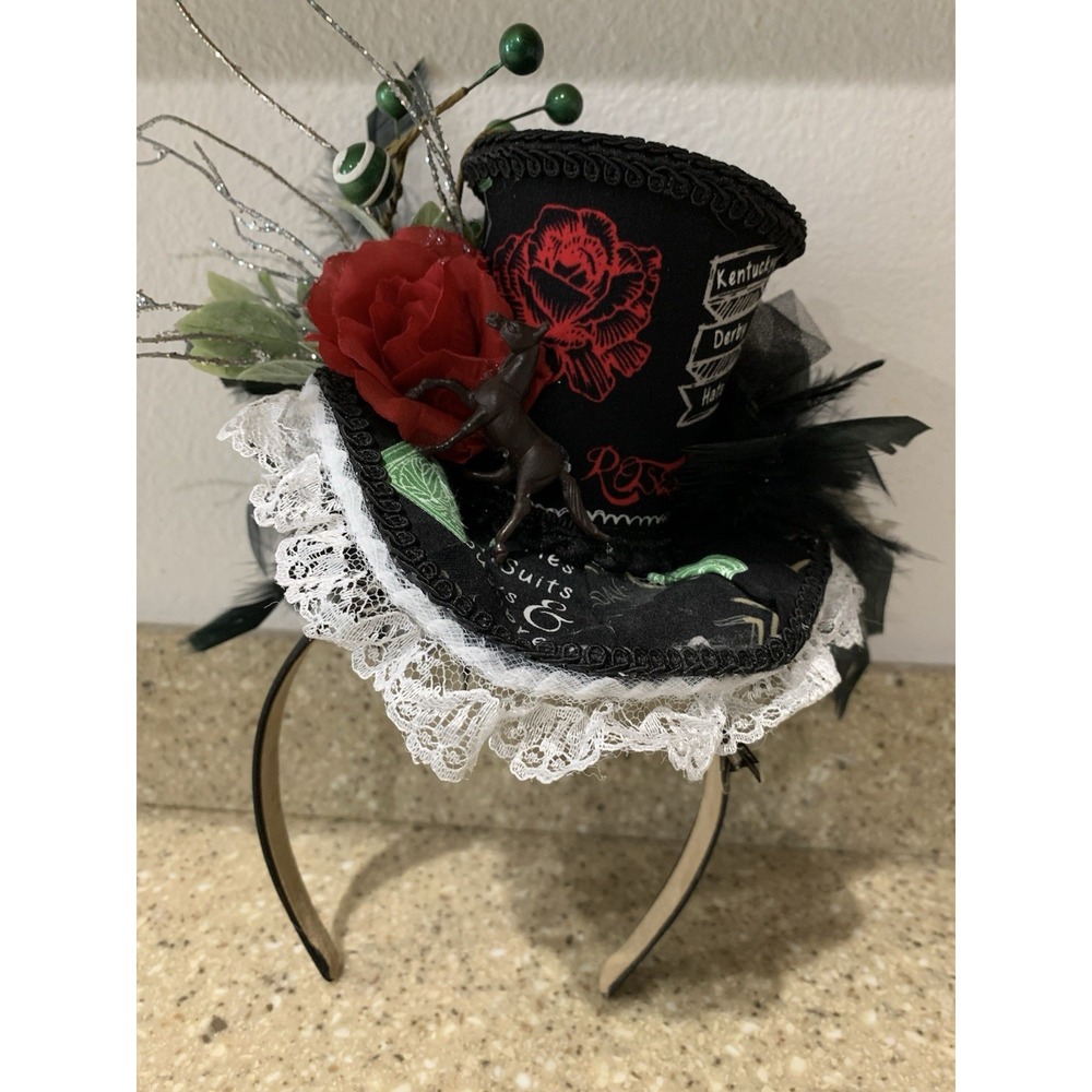 Kentucky Derby Black Equestrian Fascinator Hat Feather Rose Logo Cosplay Gothic
